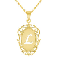 Load image into Gallery viewer, 14k Yellow Gold Elegant Filigree Oval Uppercase Initial L Script Letter Plate Pendant with Cable, Curb, or Figaro Chain Necklaces
