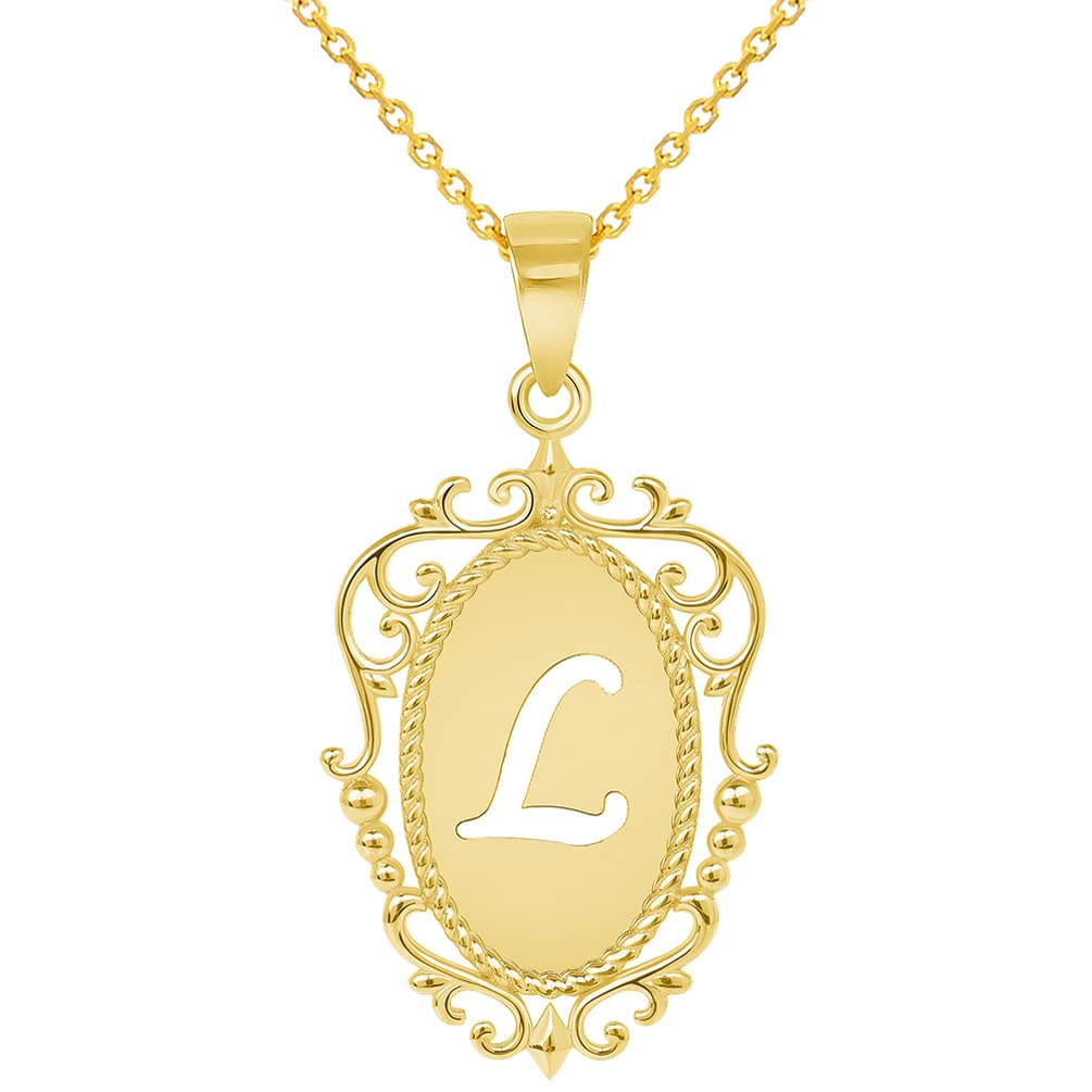 14k Yellow Gold Elegant Filigree Oval Uppercase Initial L Script Letter Plate Pendant with Cable, Curb, or Figaro Chain Necklaces