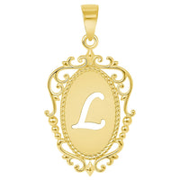 Load image into Gallery viewer, 14k Yellow Gold Elegant Filigree Oval Uppercase Initial L Script Letter Plate Pendant with Cable, Curb, or Figaro Chain Necklaces
