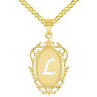 Load image into Gallery viewer, 14k Yellow Gold Elegant Filigree Oval Uppercase Initial L Script Letter Plate Pendant with Cable, Curb, or Figaro Chain Necklaces
