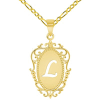 Load image into Gallery viewer, 14k Yellow Gold Elegant Filigree Oval Uppercase Initial L Script Letter Plate Pendant with Cable, Curb, or Figaro Chain Necklaces
