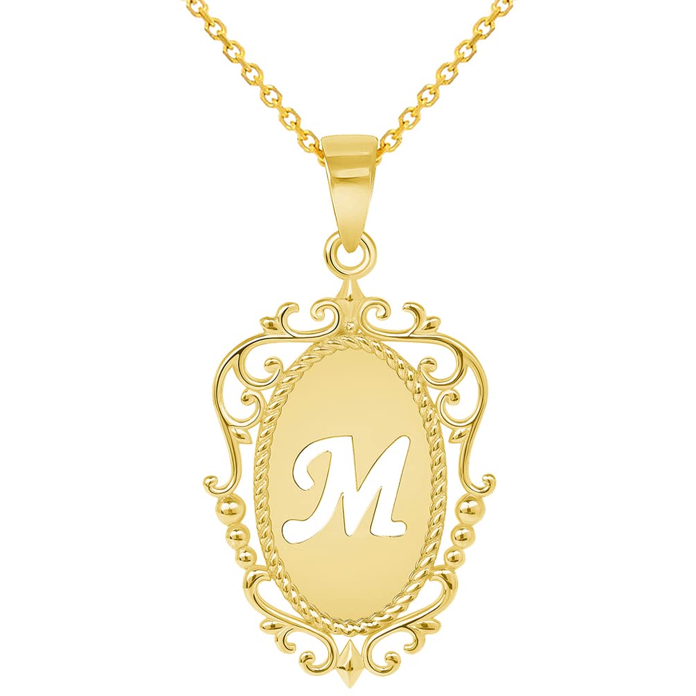 14k Yellow Gold Elegant Filigree Oval Uppercase Initial M Script Letter Plate Pendant with Cable, Curb, or Figaro Chain Necklaces