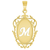 Load image into Gallery viewer, 14k Yellow Gold Elegant Filigree Oval Uppercase Initial M Script Letter Plate Pendant with Cable, Curb, or Figaro Chain Necklaces

