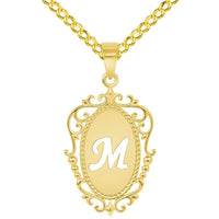 Load image into Gallery viewer, 14k Yellow Gold Elegant Filigree Oval Uppercase Initial M Script Letter Plate Pendant with Cable, Curb, or Figaro Chain Necklaces
