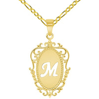 Load image into Gallery viewer, 14k Yellow Gold Elegant Filigree Oval Uppercase Initial M Script Letter Plate Pendant with Cable, Curb, or Figaro Chain Necklaces
