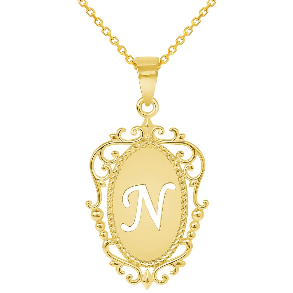 14k Yellow Gold Elegant Filigree Oval Uppercase Initial N Script Letter Plate Pendant with Cable, Curb, or Figaro Chain Necklaces