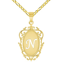 Load image into Gallery viewer, 14k Yellow Gold Elegant Filigree Oval Uppercase Initial N Script Letter Plate Pendant with Cable, Curb, or Figaro Chain Necklaces
