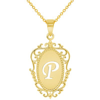 Load image into Gallery viewer, 14k Yellow Gold Elegant Filigree Oval Uppercase Initial P Script Letter Plate Pendant with Cable, Curb, or Figaro Chain Necklaces

