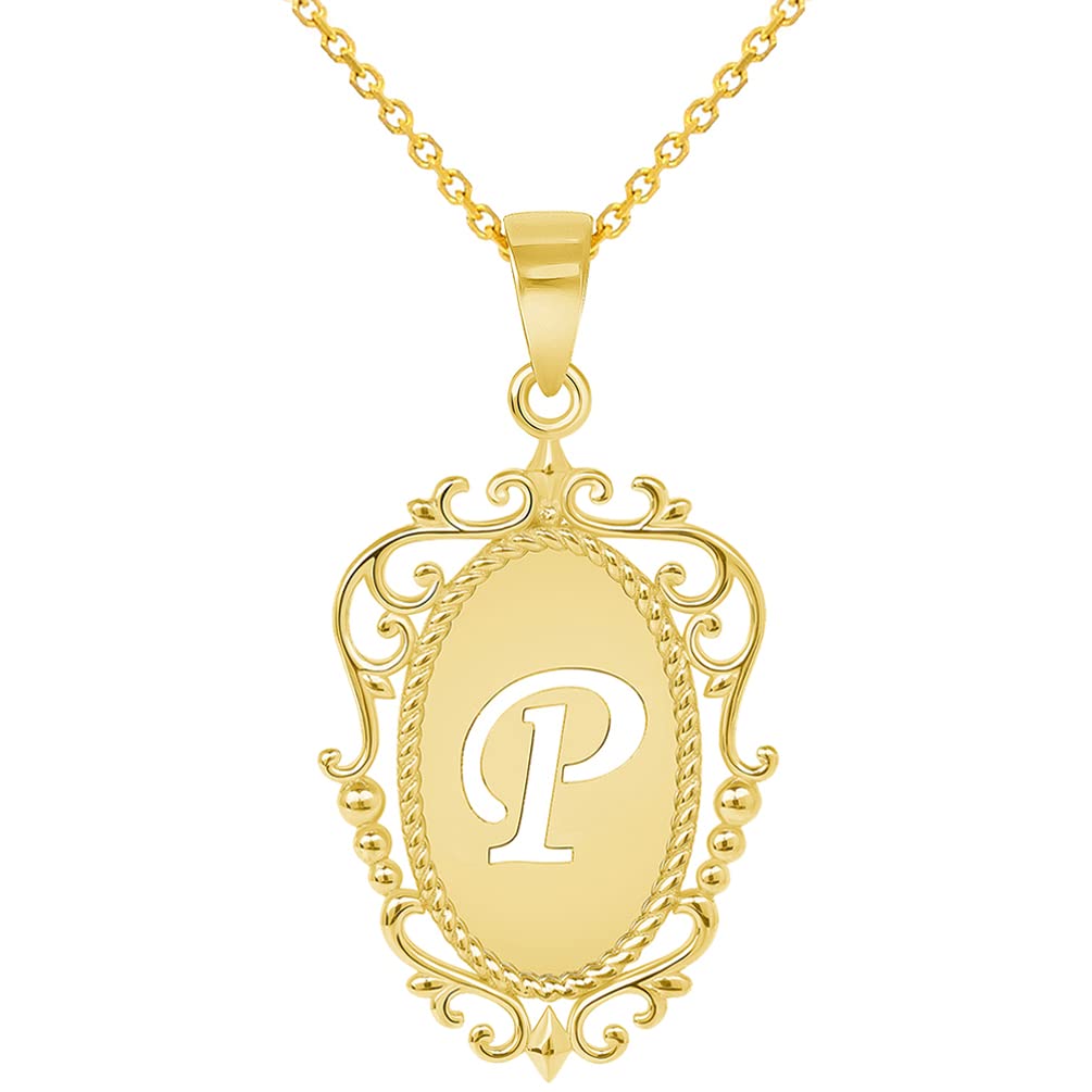 14k Yellow Gold Elegant Filigree Oval Uppercase Initial P Script Letter Plate Pendant with Cable, Curb, or Figaro Chain Necklaces