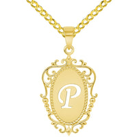 Load image into Gallery viewer, 14k Yellow Gold Elegant Filigree Oval Uppercase Initial P Script Letter Plate Pendant with Cable, Curb, or Figaro Chain Necklaces
