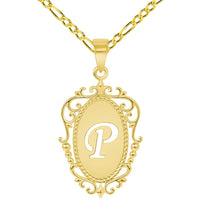 Load image into Gallery viewer, 14k Yellow Gold Elegant Filigree Oval Uppercase Initial P Script Letter Plate Pendant with Cable, Curb, or Figaro Chain Necklaces
