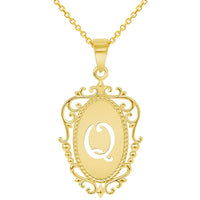 Load image into Gallery viewer, 14k Yellow Gold Elegant Filigree Oval Uppercase Initial Q Script Letter Plate Pendant with Cable, Curb, or Figaro Chain Necklaces
