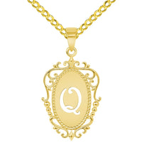 Load image into Gallery viewer, 14k Yellow Gold Elegant Filigree Oval Uppercase Initial Q Script Letter Plate Pendant with Cable, Curb, or Figaro Chain Necklaces
