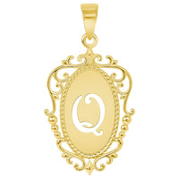 Load image into Gallery viewer, 14k Yellow Gold Elegant Filigree Oval Uppercase Initial Q Script Letter Plate Pendant with Cable, Curb, or Figaro Chain Necklaces
