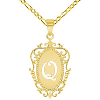Load image into Gallery viewer, 14k Yellow Gold Elegant Filigree Oval Uppercase Initial Q Script Letter Plate Pendant with Cable, Curb, or Figaro Chain Necklaces

