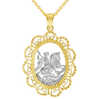 Load image into Gallery viewer, Solid 14k Yellow Gold Filigree Patron Saint George Medal Pendant with Cable, Curb, or Figaro Chain Necklaces
