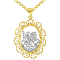 Load image into Gallery viewer, Solid 14k Yellow Gold Filigree Patron Saint George Medal Pendant with Cable, Curb, or Figaro Chain Necklaces
