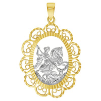 Load image into Gallery viewer, Solid 14k Yellow Gold Filigree Patron Saint George Medal Pendant with Cable, Curb, or Figaro Chain Necklaces
