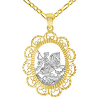 Load image into Gallery viewer, Solid 14k Yellow Gold Filigree Patron Saint George Medal Pendant with Cable, Curb, or Figaro Chain Necklaces
