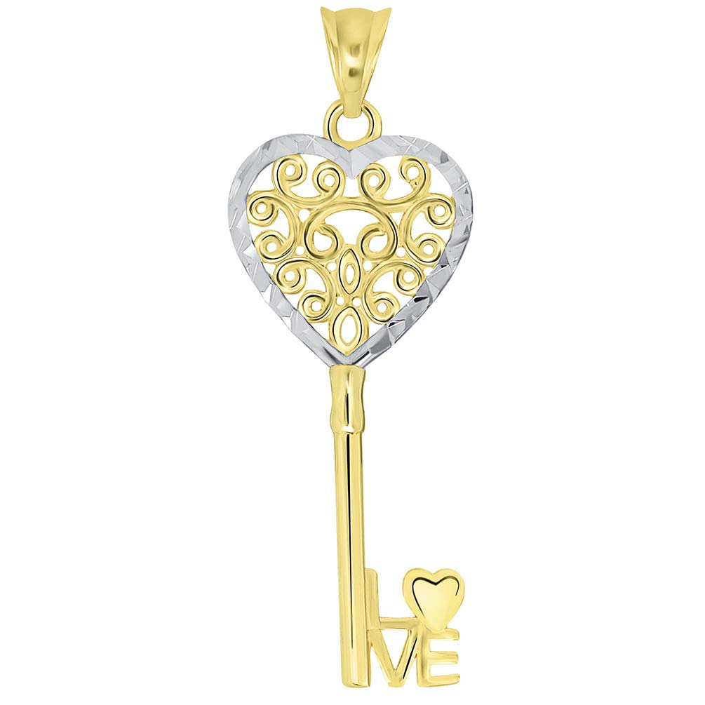 14k Yellow Gold Filigree Two Tone Heart Key with"Love" Pendant