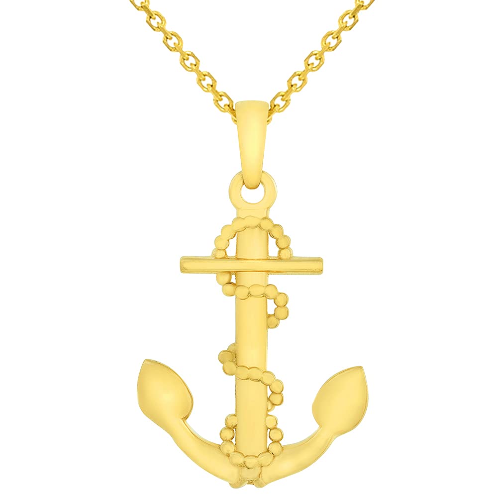 14k Yellow Gold Foul Anchor Charm Nautical Pendant with Rolo Cable, Cuban Curb, or Figaro Chain Necklaces