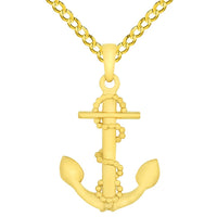 Load image into Gallery viewer, 14k Yellow Gold Foul Anchor Charm Nautical Pendant with Rolo Cable, Cuban Curb, or Figaro Chain Necklaces
