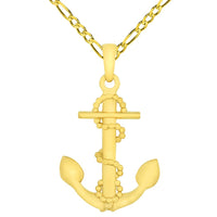 Load image into Gallery viewer, 14k Yellow Gold Foul Anchor Charm Nautical Pendant with Rolo Cable, Cuban Curb, or Figaro Chain Necklaces
