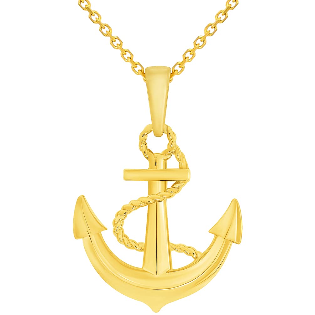 14k Yellow Gold Fouled Admiralty Anchor Charm Nautical Pendant with Rolo Cable, Cuban Curb, or Figaro Chain Necklaces