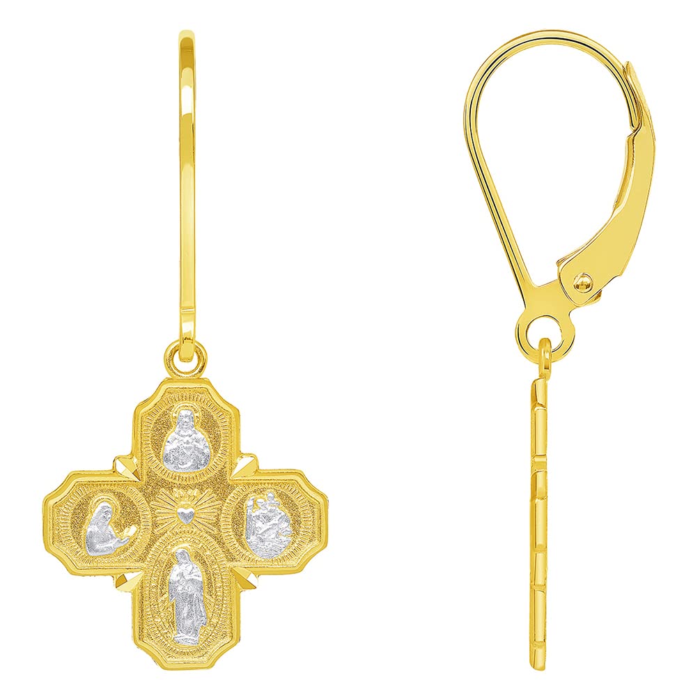 Solid 14k Yellow Gold Four Way Cross Dangle Drop Earrings with Lever back