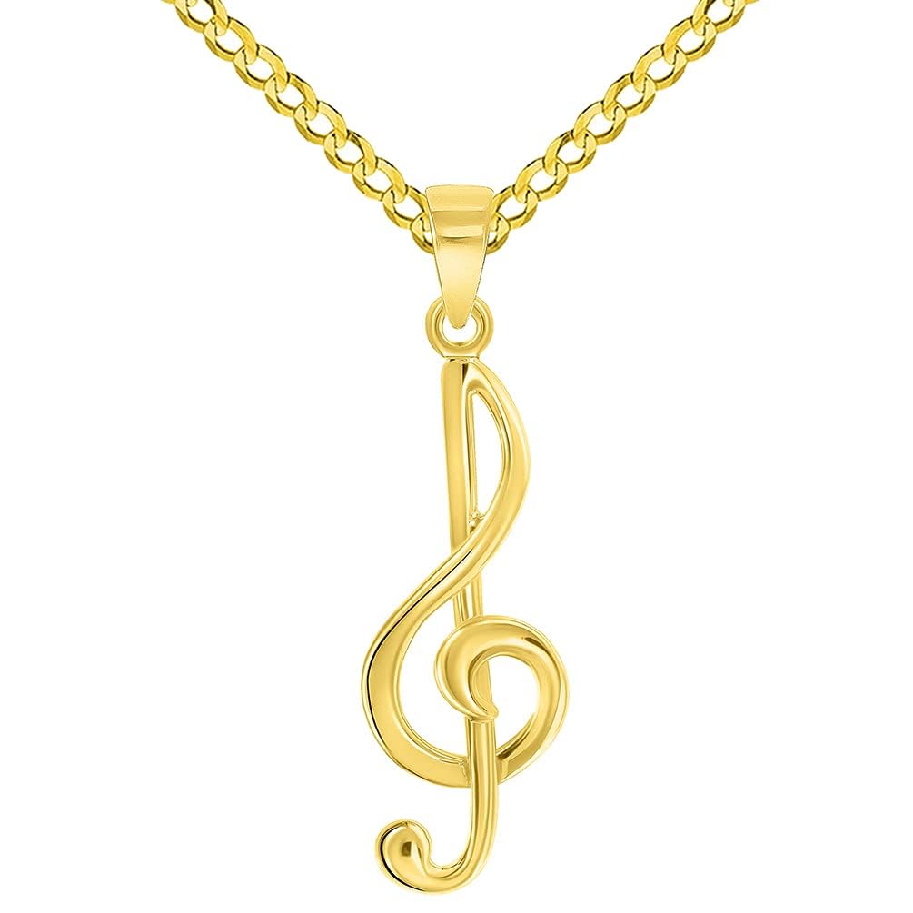 Solid 14k Yellow Gold G Clef Musical Symbol Charm Music Note Pendant with Curb or Figaro Chain Necklace