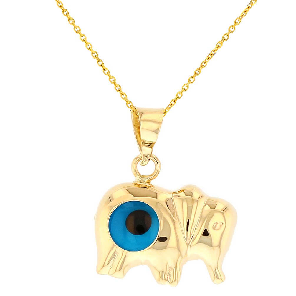 14k Gold Good Luck Elephant with Blue Evil Eye Pendant Jewelry