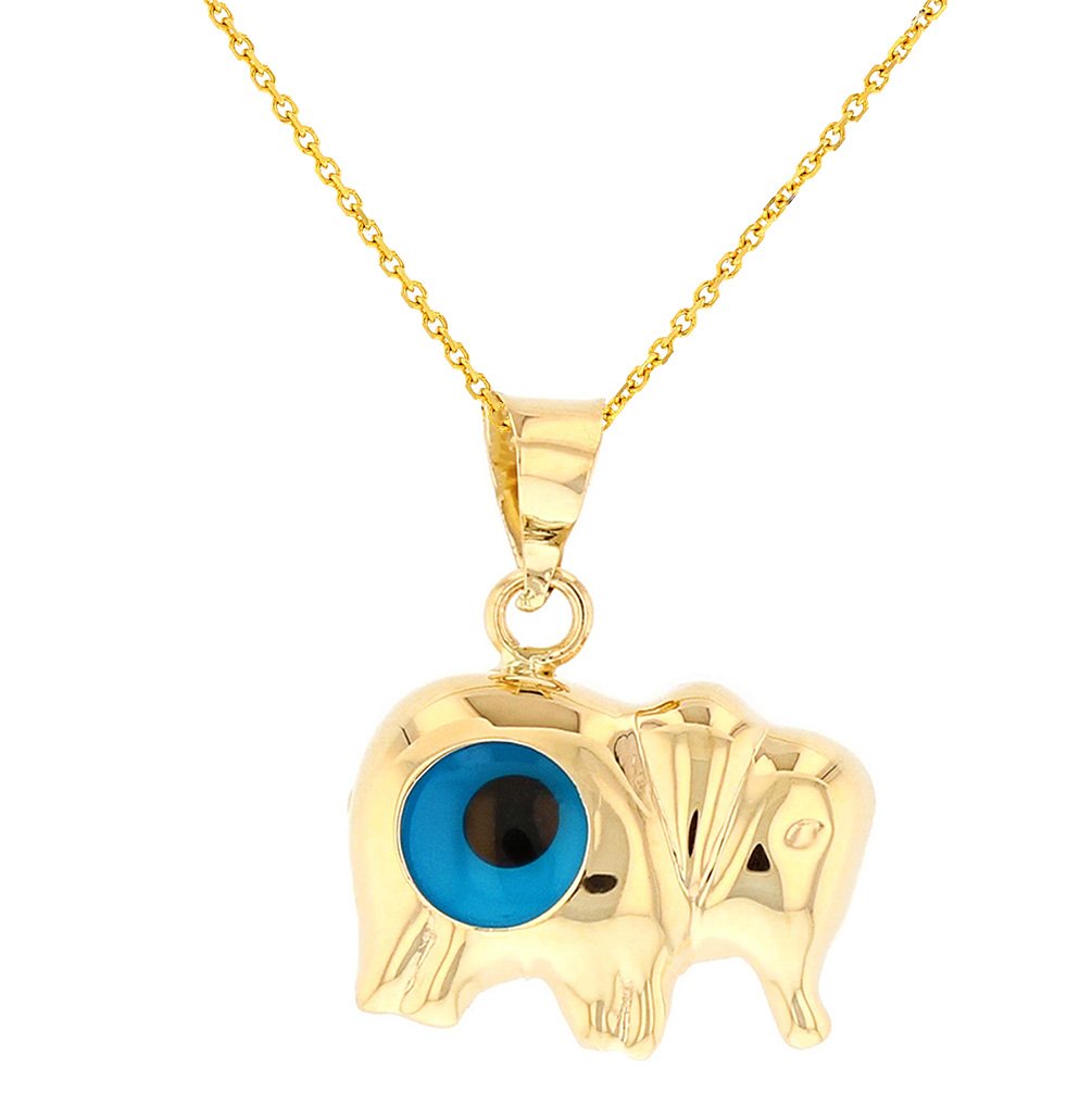 Jewelry America Solid 14k Gold Good Luck Elephant with Blue Evil Eye Pendant Necklace