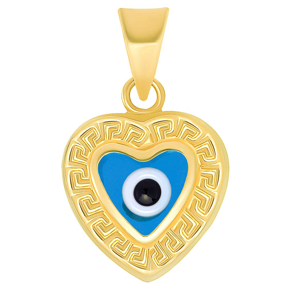 14k Yellow Gold Greek Key Pattern Heart Shaped Blue Evil Eye Pendant