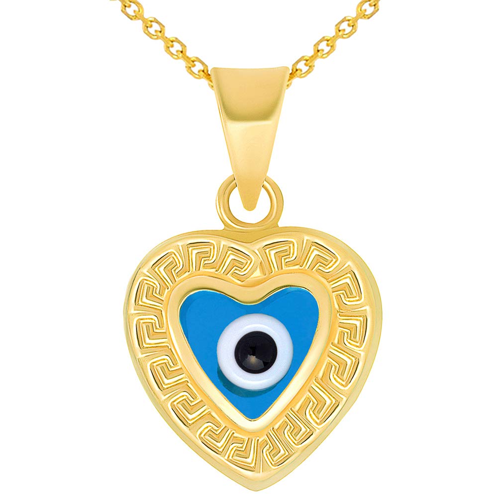 14k Yellow Gold Greek Key Pattern Heart Shaped Blue Evil Eye Pendant Necklace