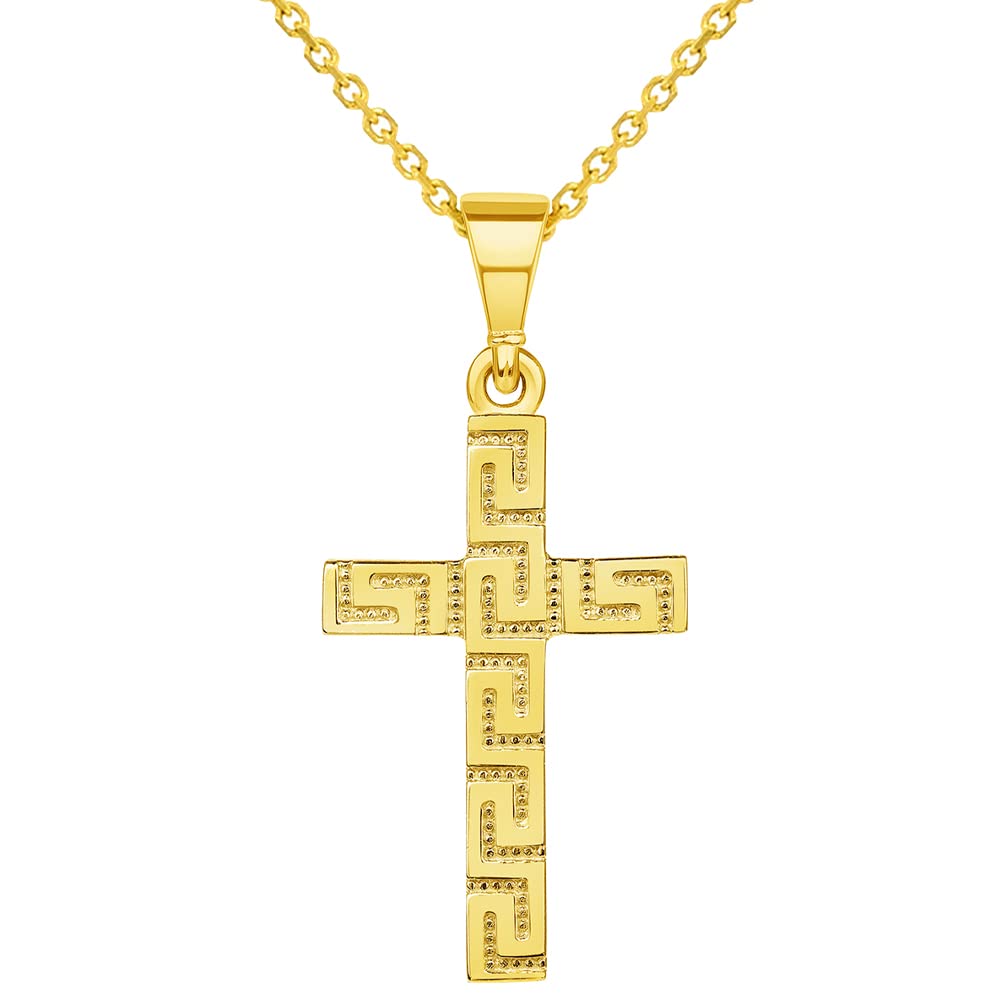 14k Yellow Gold Greek Key Religious Latin Cross Pendant Necklace (Reversible)