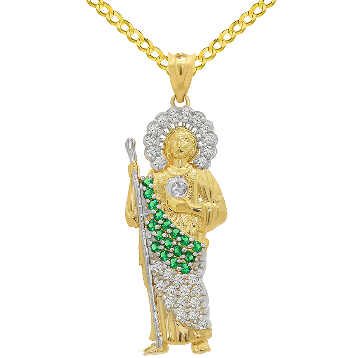 14k Yellow Gold Green and White CZ Saint Jude Pendant Cuban Curb Chain Necklace with  - 3 Sizes