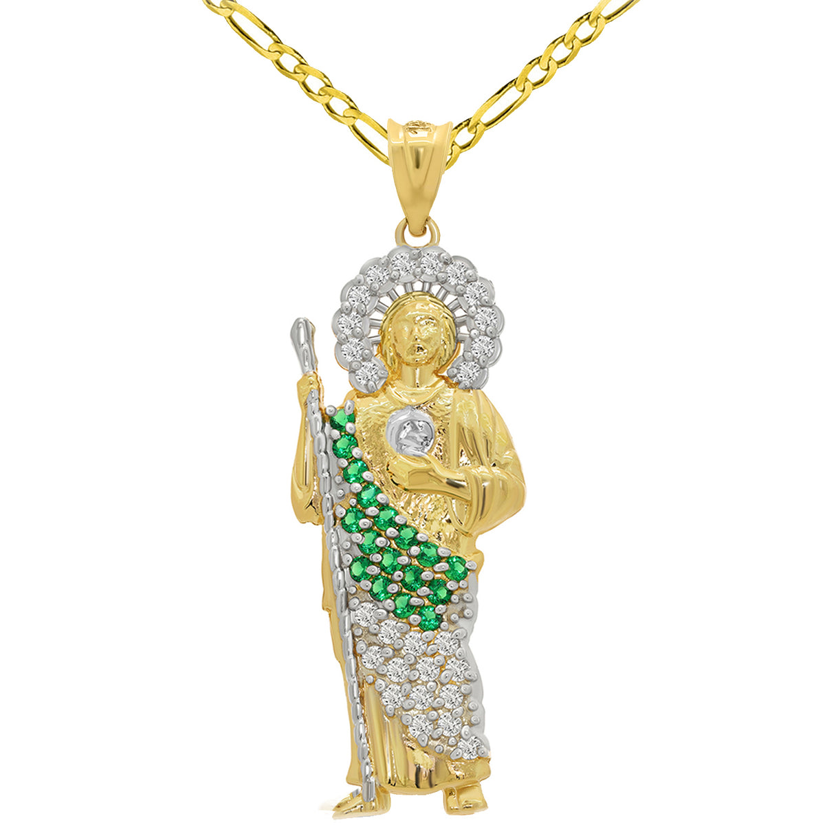 14k Yellow Gold Green and White CZ Saint Jude Pendant with Figaro Chain Necklace - 3 Sizes