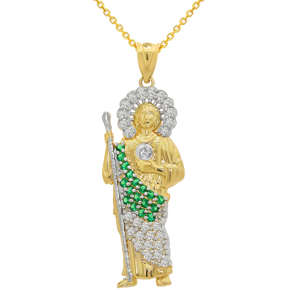 14k Yellow Gold Green and White CZ Saint Jude Pendant with Rolo Chain Necklace - 3 Sizes