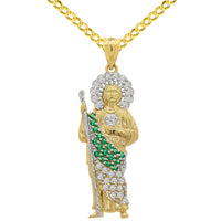 Load image into Gallery viewer, 14k Yellow Gold Green and White CZ Saint Jude Pendant Cuban Curb Chain Necklace with  - 3 Sizes
