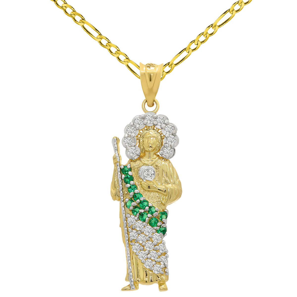 14k Yellow Gold Green and White CZ Saint Jude Pendant with Figaro Chain Necklace - 3 Sizes