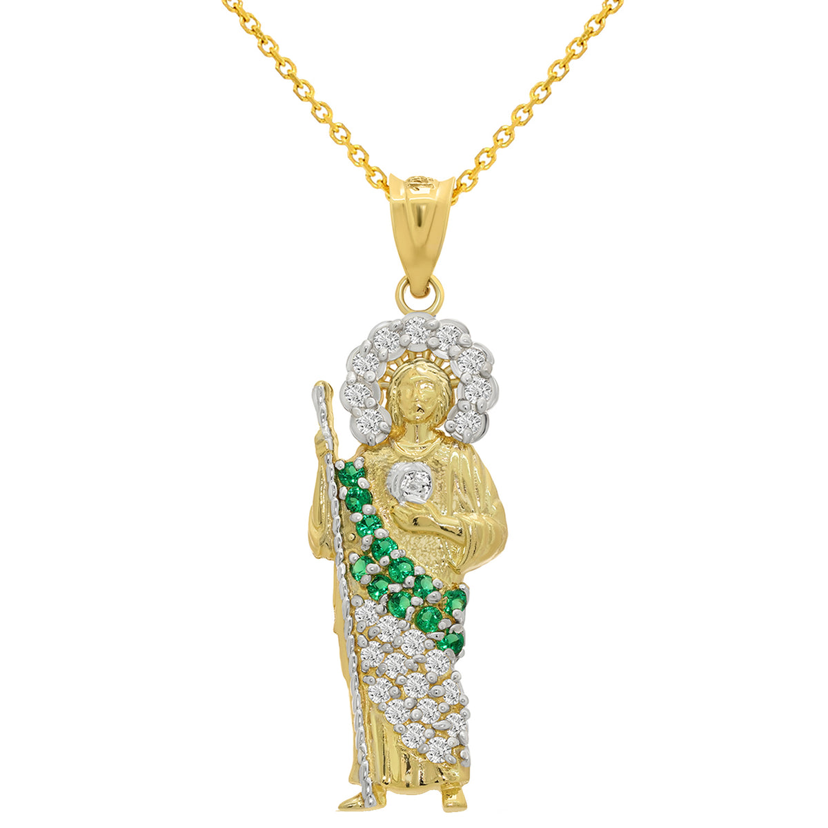 14k Yellow Gold Green and White CZ Saint Jude Pendant with Rolo Chain Necklace - 3 Sizes