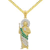 Load image into Gallery viewer, 14k Yellow Gold Green and White CZ Saint Jude Pendant Cuban Curb Chain Necklace with  - 3 Sizes
