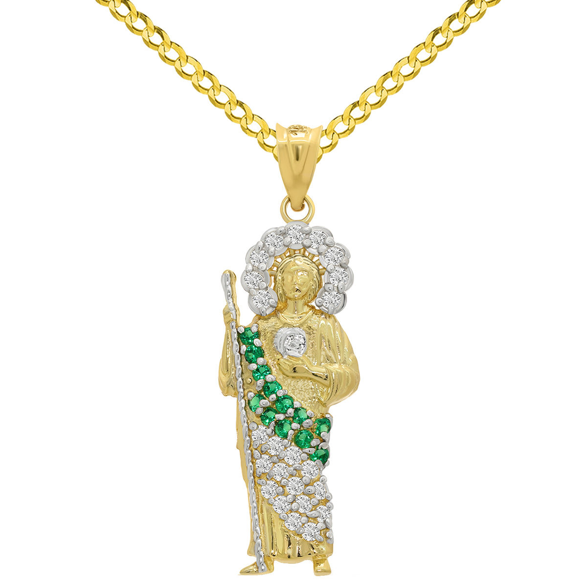 14k Yellow Gold Green and White CZ Saint Jude Pendant Cuban Curb Chain Necklace with  - 3 Sizes