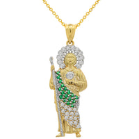 Load image into Gallery viewer, 14k Yellow Gold Green and White CZ Saint Jude Pendant with Rolo Chain Necklace - 3 Sizes
