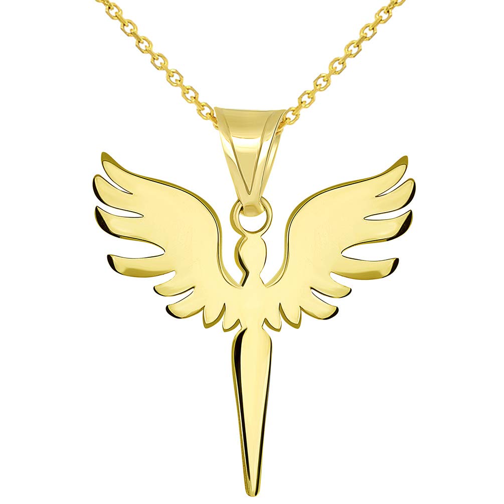 Solid 14k Yellow Gold Guardian Angel Archangel Silhouette Pendant Necklace