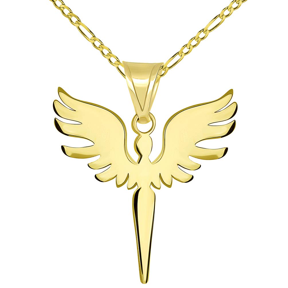 Solid 14k Yellow Gold Guardian Angel Archangel Silhouette Pendant with Figaro Necklace
