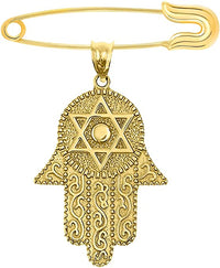 Load image into Gallery viewer, 14k Solid Yellow Gold Hamsa Hand Star of David Pendant with Pin Brooch
