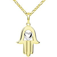 Load image into Gallery viewer, 14k Yellow Gold Two-Tone Hamsa Hand of Fatima with Heart Pendant Figaro Necklace

