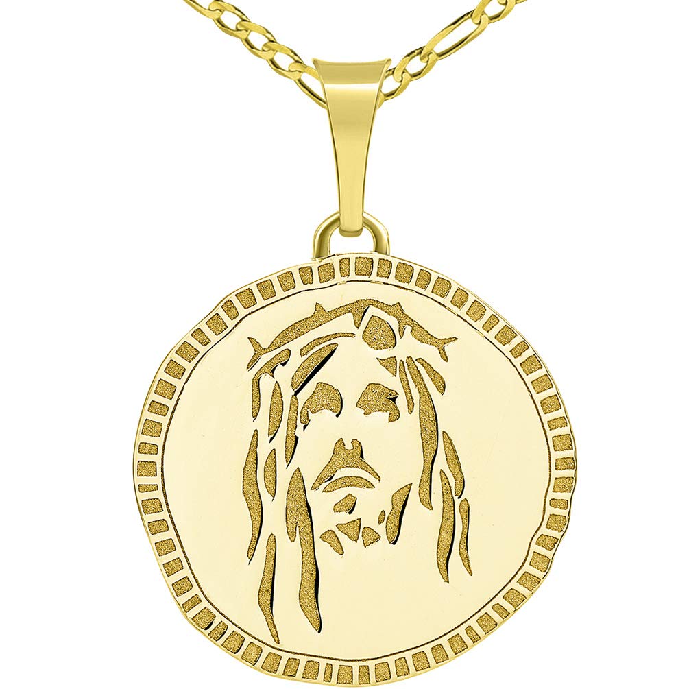 14k Gold Hand Engraved Face of Jesus Christ Medallion Pendant with Figaro Chain Necklace - Yellow Gold