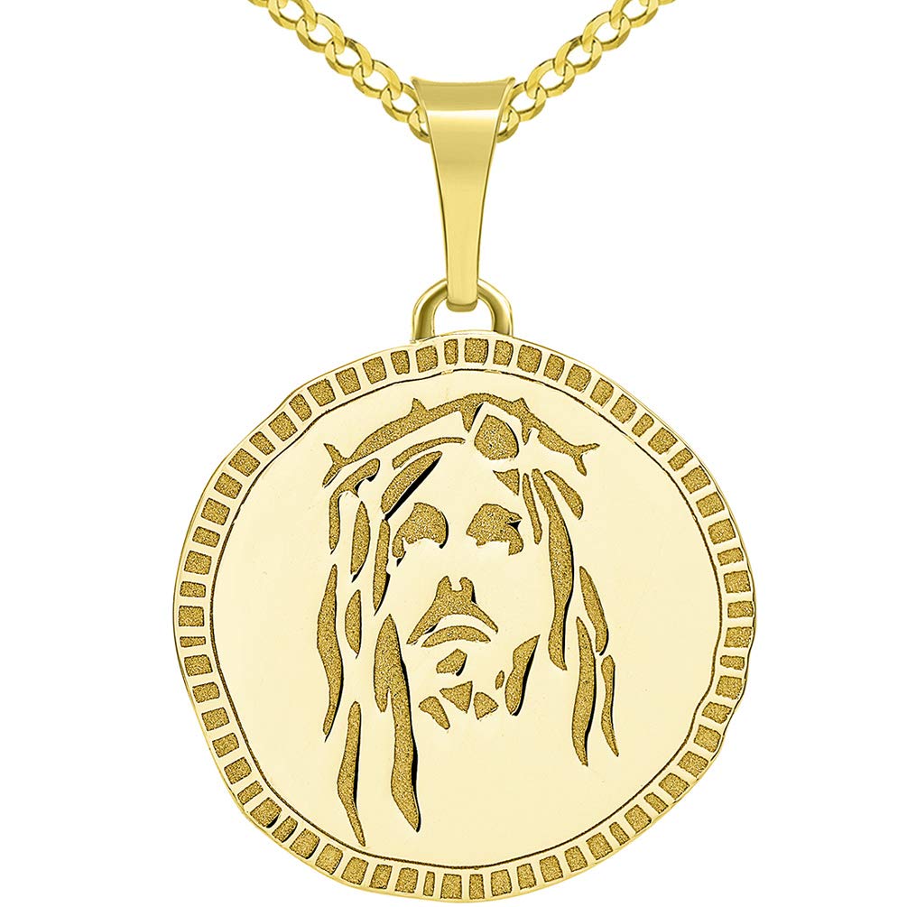 14k Gold Hand Engraved Face of Jesus Christ Medallion Pendant with Cuban Chain Necklace - Yellow Gold